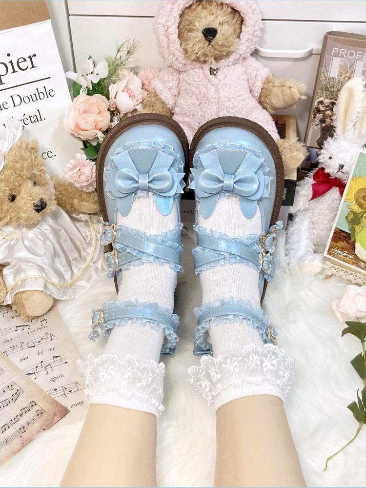 [$36.89]Clearance-Size 41 Bow at Top Lace Trim Criss Cross Buckle Straps PU  Blue Mary Jane Shoes