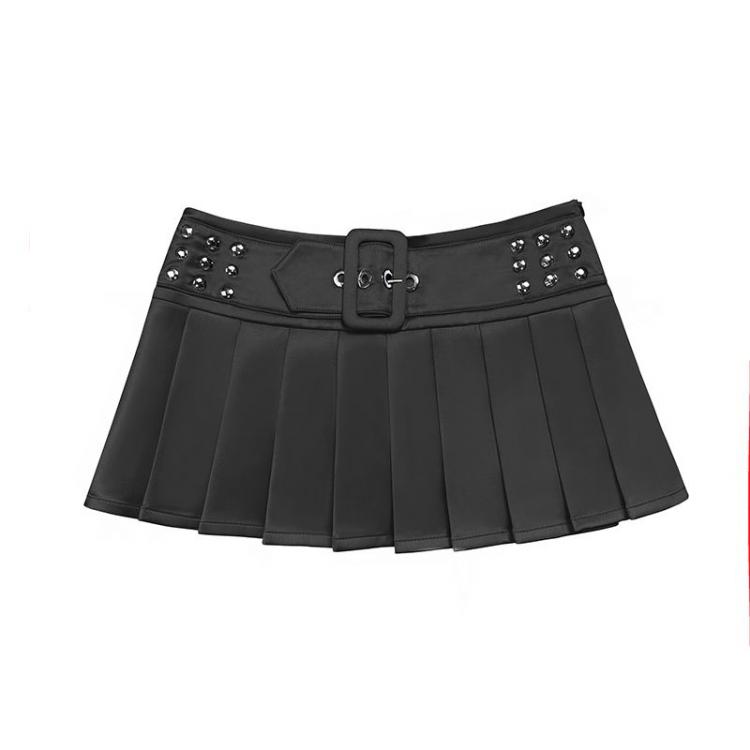 Studs Waistbelt Black Pleated Mini Skirt with Undies