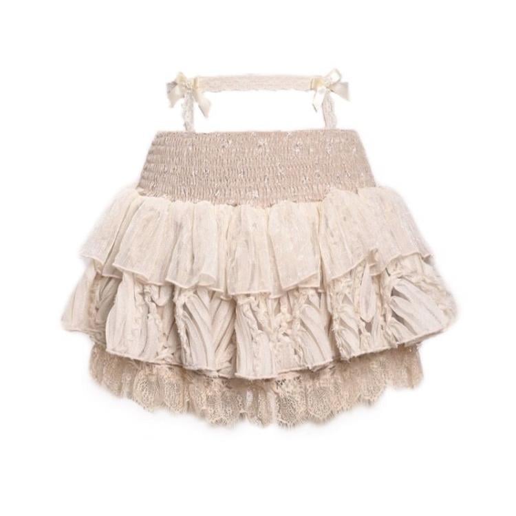 Champagne Tiered Ruffles Lace Ballet Mini Skirt with Undies