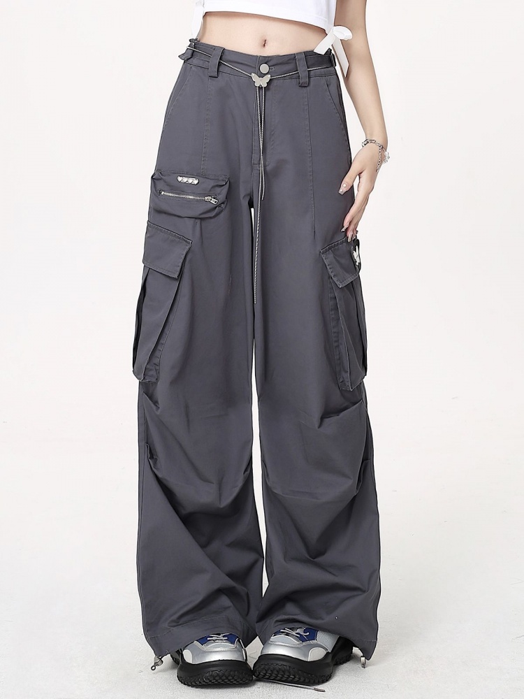 Gray Techwear Wide-leg Cargo Pants with Butterfly Waist Chain
