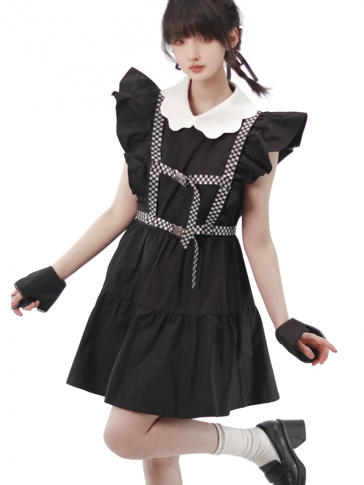 Flutter Sleeves Black High Waist Ruffle Dress Set