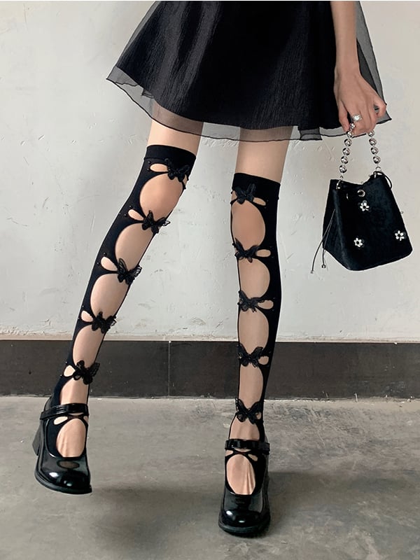 Milk White/Black Butterfly Design Cut-out Over Knee Stockings