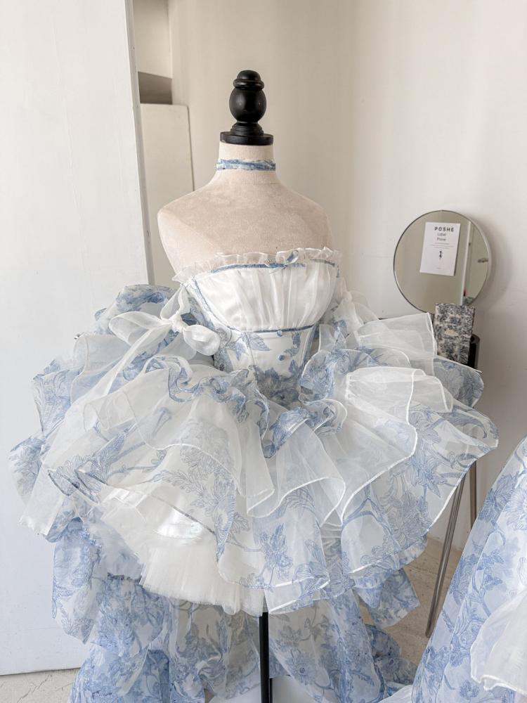 White and Blue Balletcore Strapless Lace-up Puff Dress with Free Bloomers
