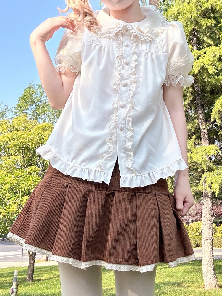 Apricot Lace Trim Peter Pan Collar Blouse