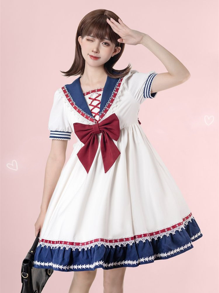 [$114.75]Sailor Collar Big Bow Dress White and Blue