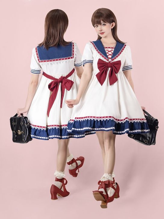 [$114.75]Sailor Collar Big Bow Dress White and Blue