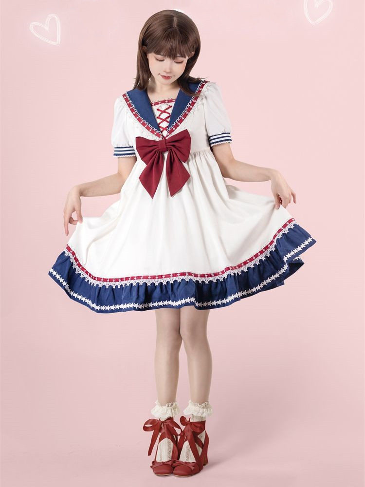 [$114.75]Sailor Collar Big Bow Dress White and Blue