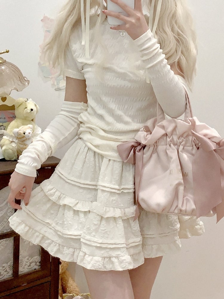 [$18.00]Pink/Beige Ruffle Hem Jacquard Skirt