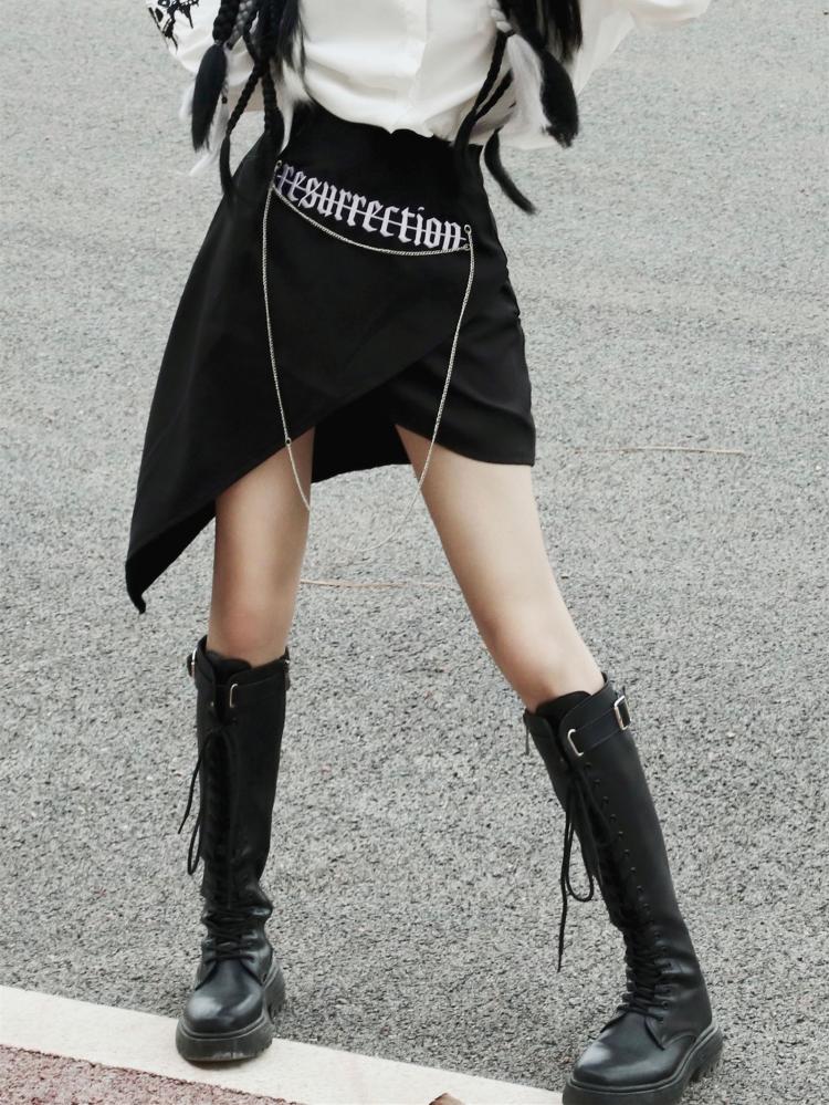 Chains Embroidery Details Black Asymmetrical Skirt