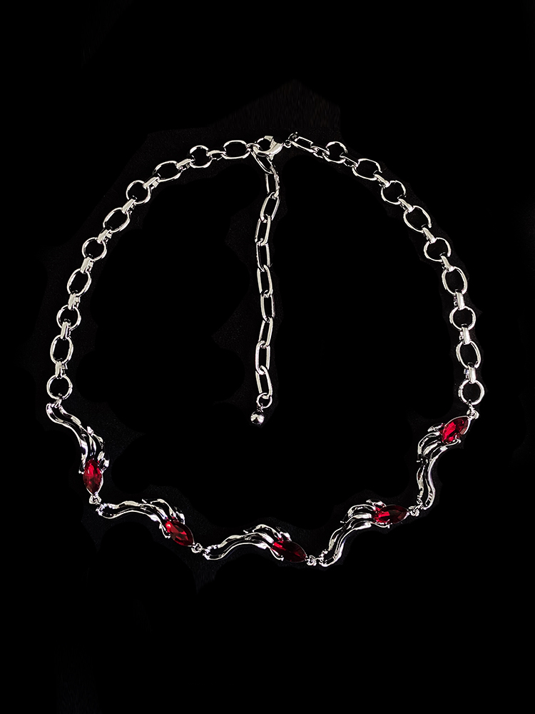 Red Rhinestones Design Curved Silver Necklace