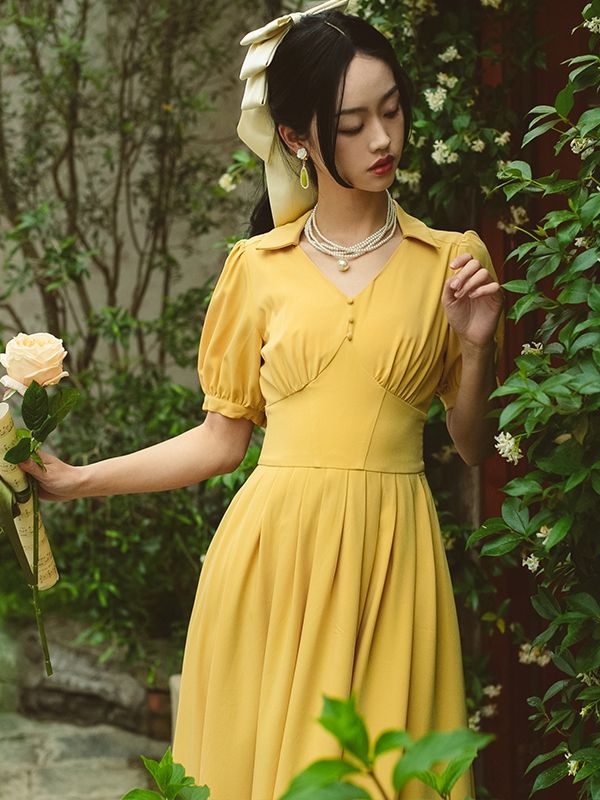 V-neck Yellow Puff Sleeves Dress Flounce Hem Skirt