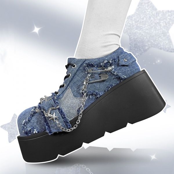 [£33.91]Pins and Chain Decorated Denim Blue Sneakers Platforms Silver-tone Studs