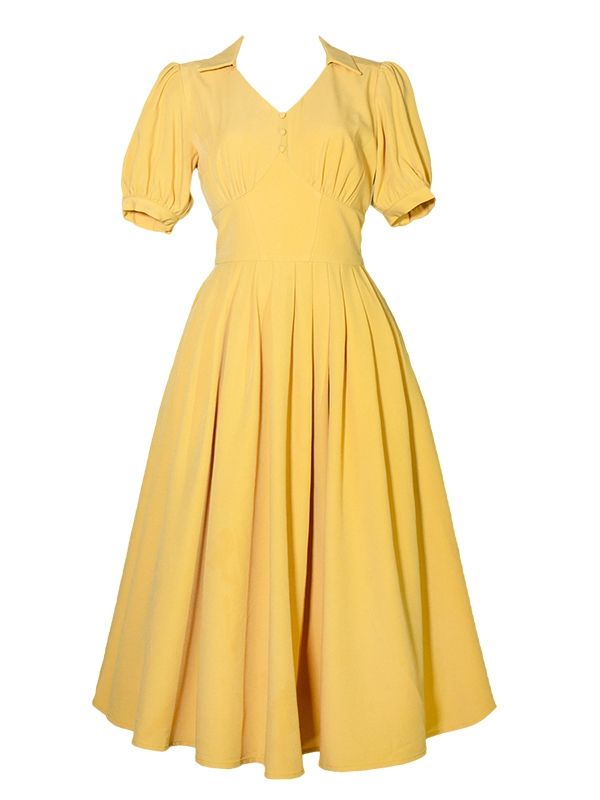 V-neck Yellow Puff Sleeves Dress Flounce Hem Skirt
