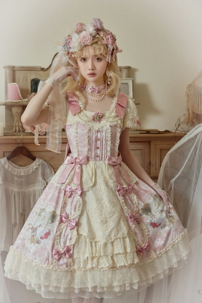 Pink Bowknot Details Rococo One Piece Full Set