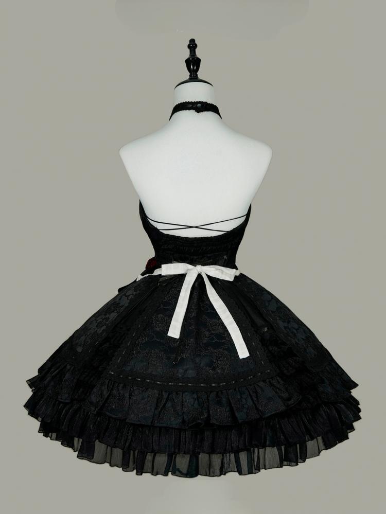 Black Backless Halter Neck Sleeveless Top + Skirt Maid Set