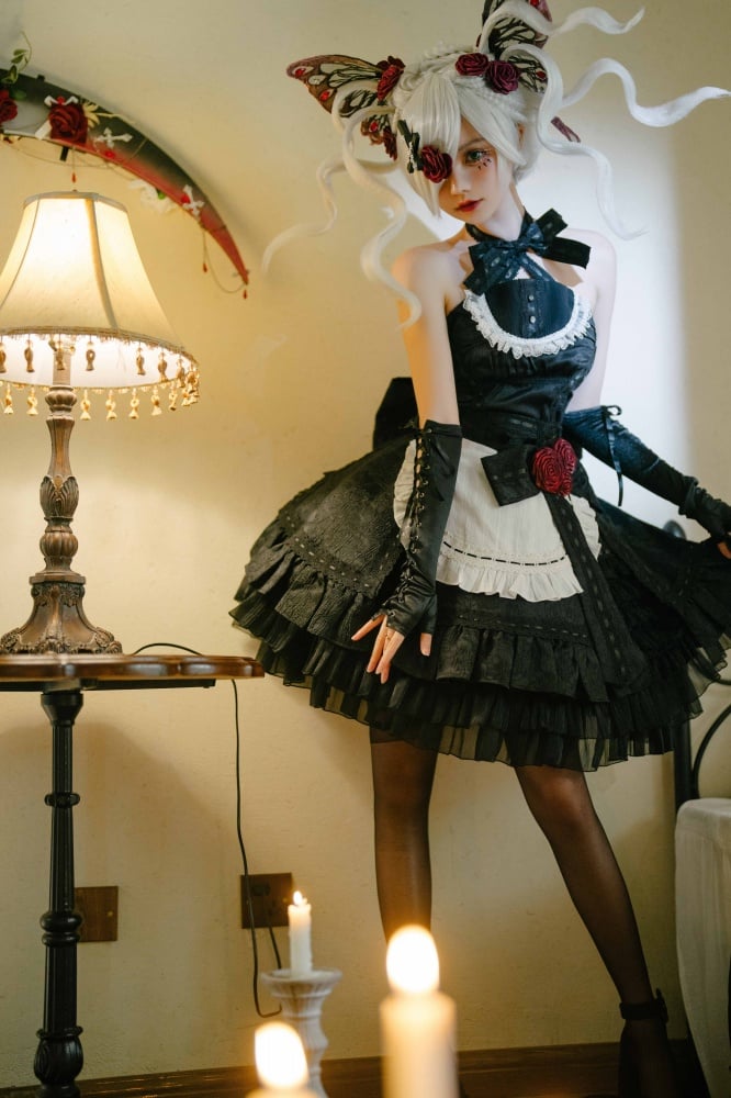 Black Backless Halter Neck Sleeveless Top + Skirt Maid Set