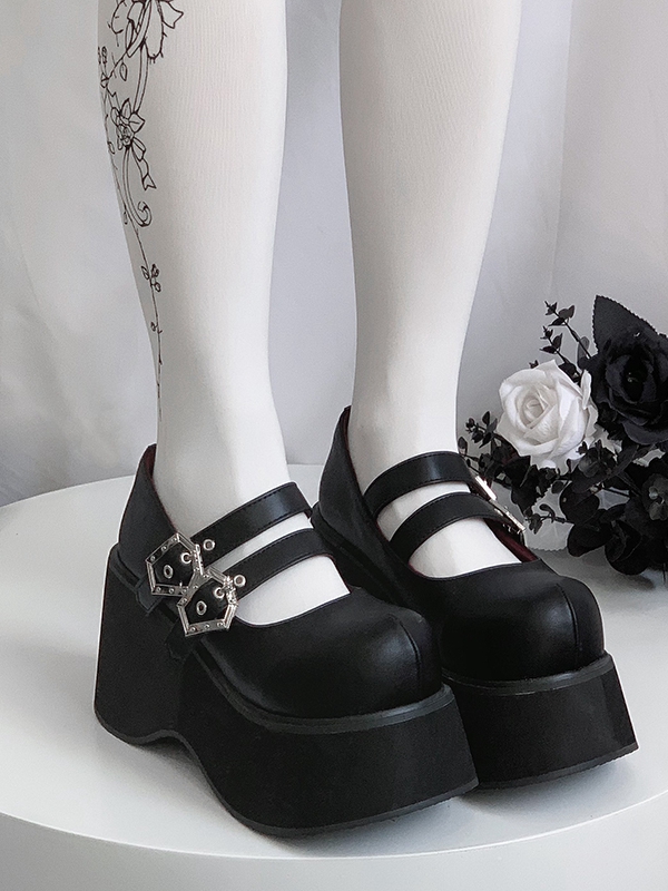 Buckle Straps Platforms Black Lace Round Toe Punk Shoes