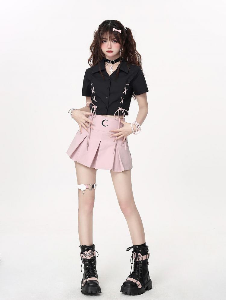 ムーン刺繍 Y2K ピンク ボックスプリーツ ミニスカート