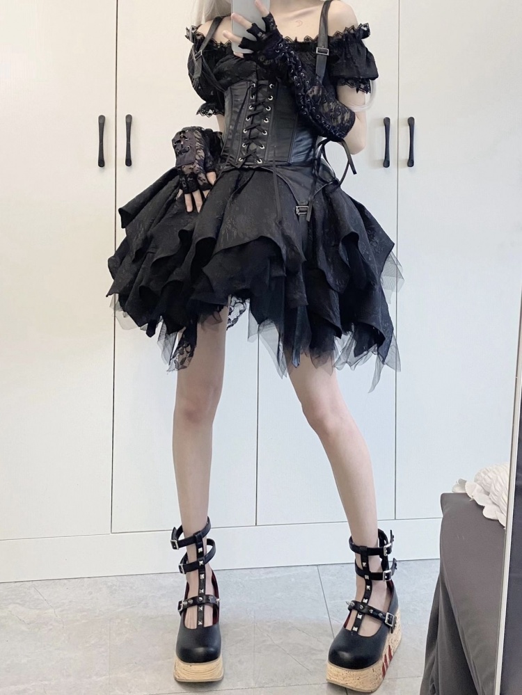 Black Gothic Lace Trim Top + Girdle+ Handkerchief Hem Skirt Full Set