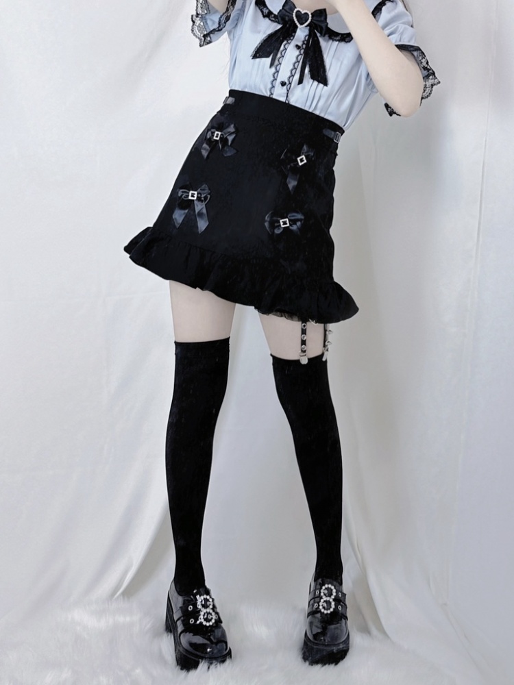 Black Bowknot Details Jirai Kei High Waist Skirt