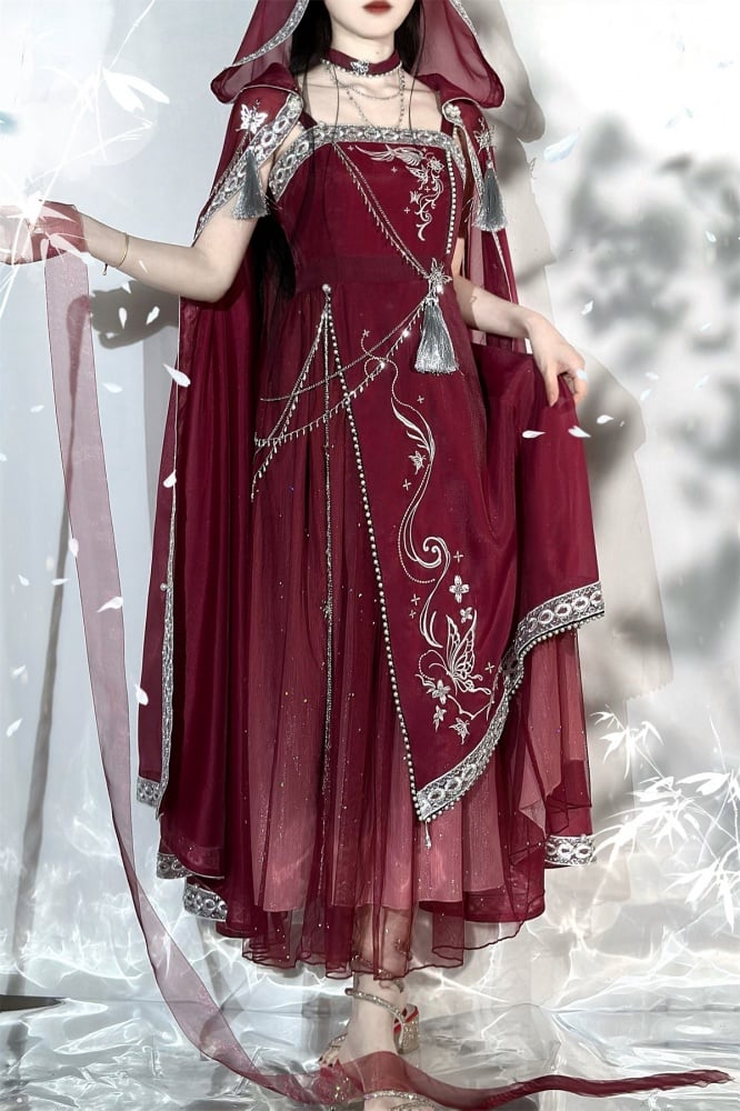 Wine Red Butterfly Embroidery Long Dress + Cloak Set with Chains