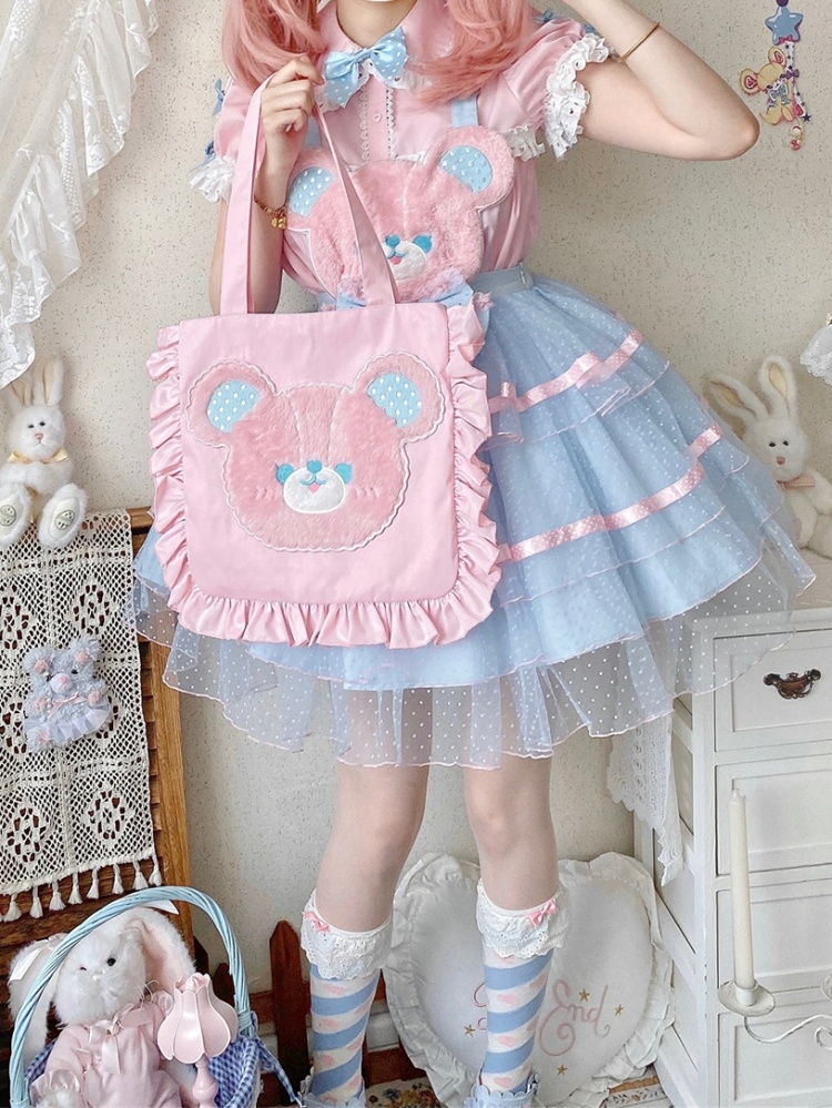 [$116.50]Plus Size Friendly Pink Sweet Teddy Bodice Blue Overalls and Pink  Blouse Set Free Tote Bag