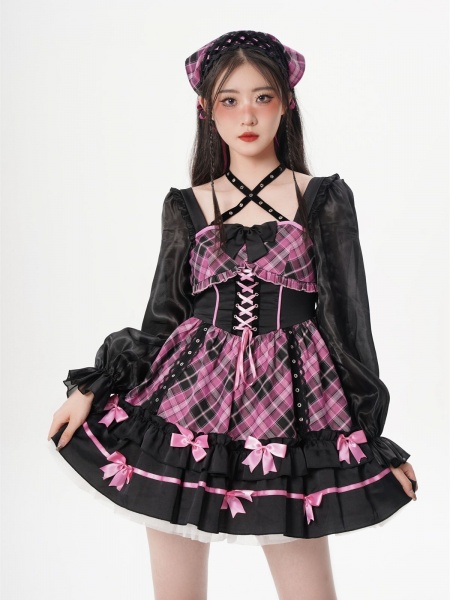 Halter Neck Lace-up Details Purple Plaid One Piece Idol Dress