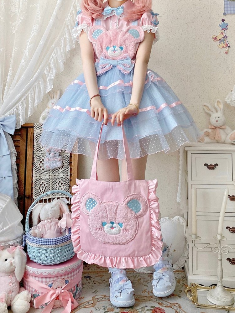 [$116.50]Plus Size Friendly Pink Sweet Teddy Bodice Blue Overalls and Pink  Blouse Set Free Tote Bag