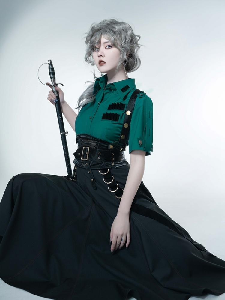 Green Short Sleeves Shirt + Girdle + Black Skirt Set