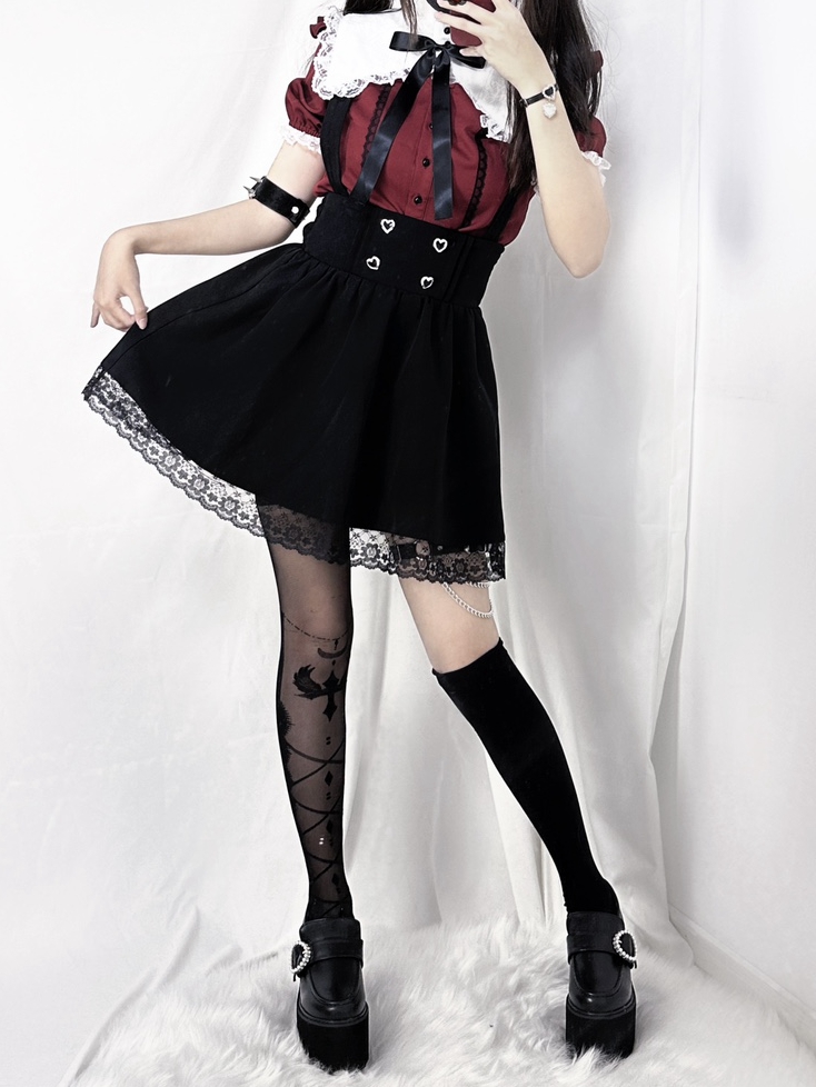 Black Lace Trim Overalls High Waist Jirai Kei Dress