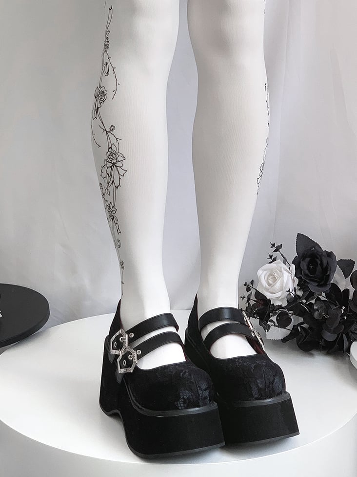 Double Buckle Straps Lace Black Punk Mary Janes