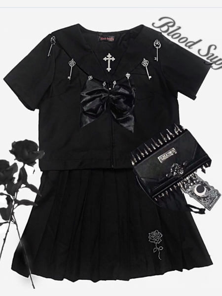 [$32.30]Gothic Metal Accessories Short Sleeves JK Uniform Top and Skirt Set