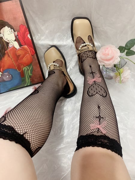 [$6.00]Plus Size JK Bowknot Heart-shaped Fishnet Lolita Stockings