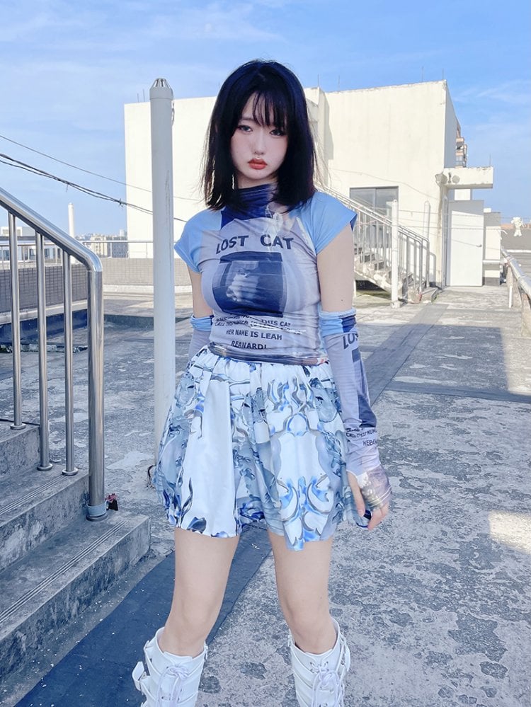 Y2K Subculture Elastic Waist Print Skirt