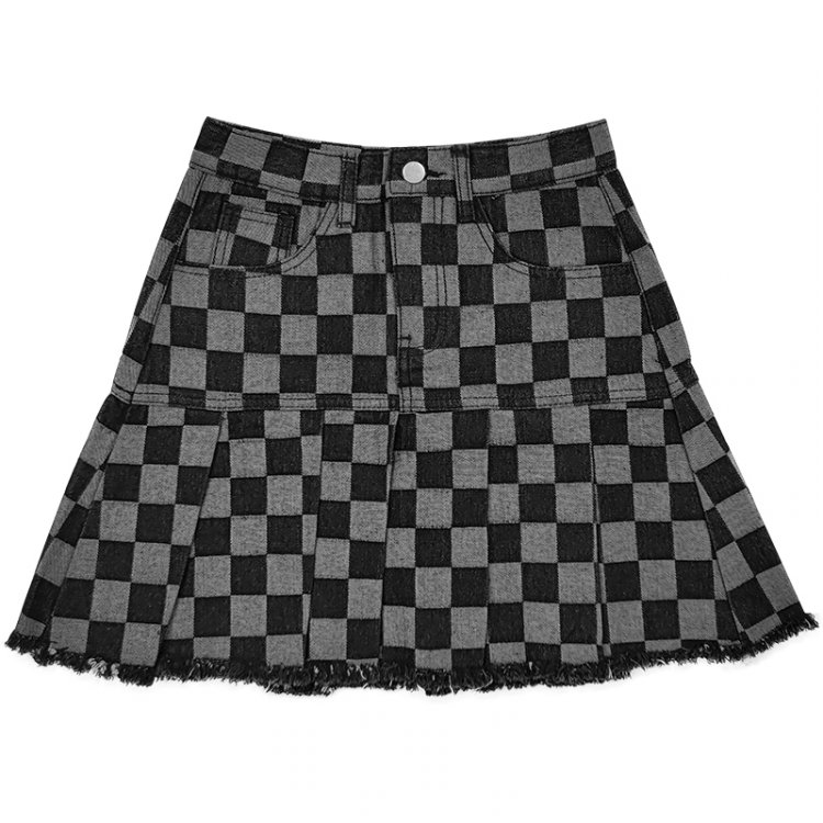 Denim Chessboard Plaid Denim Skirt