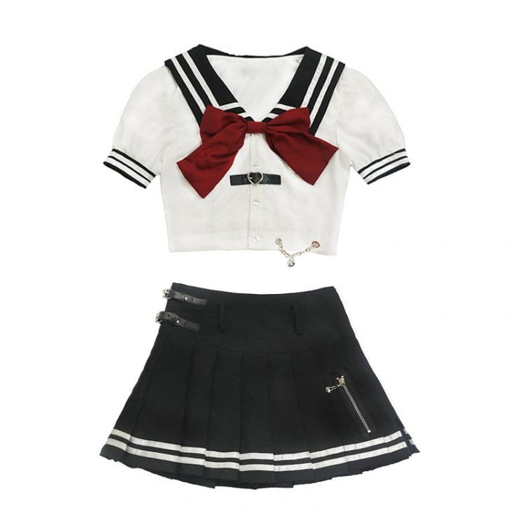 JK Navy Collar Short Puff Sleeves Bowknot Two Pieces Sets Cropped Top and Pleated Skirt
