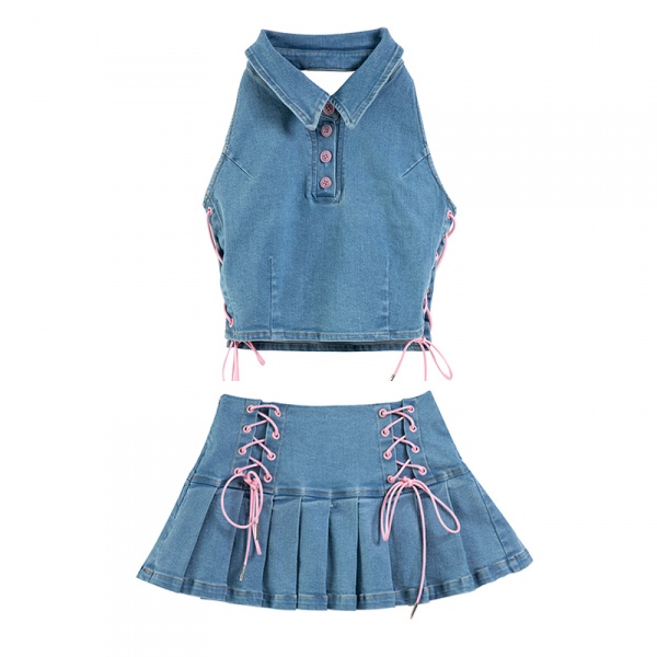 [$36.95]Y2K Vintgae Turndown Collar Sleeveless Denim Cropped Top / Pleated Skirt Sets
