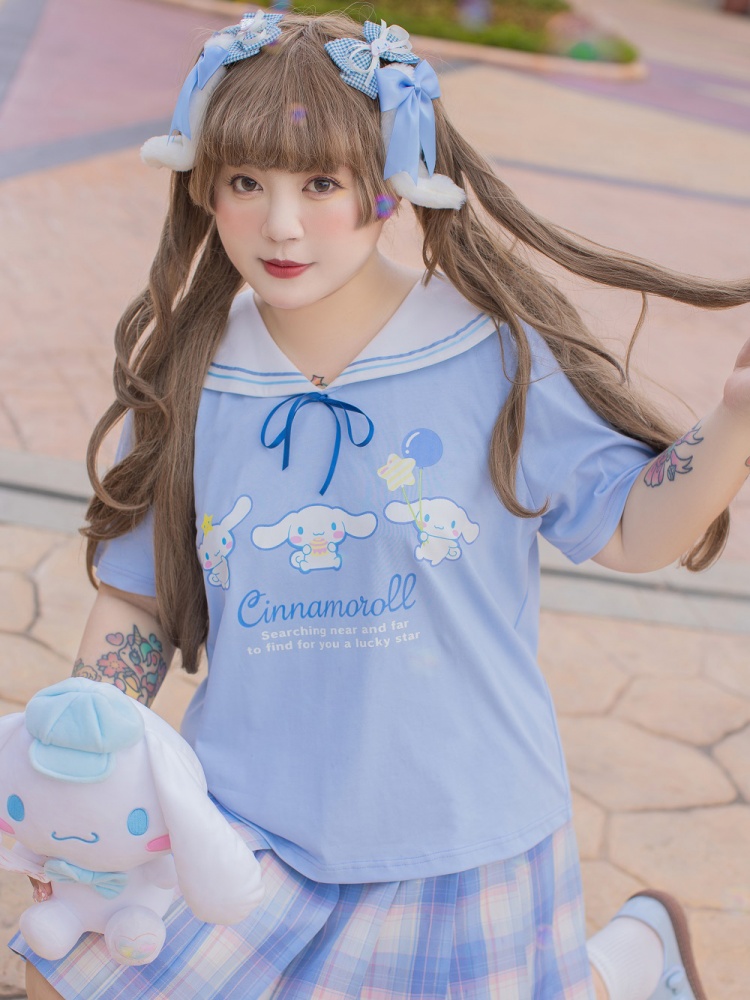Plus Size Sanrio Authorized Sailor Collar Short Sleeves Prints T-shirt