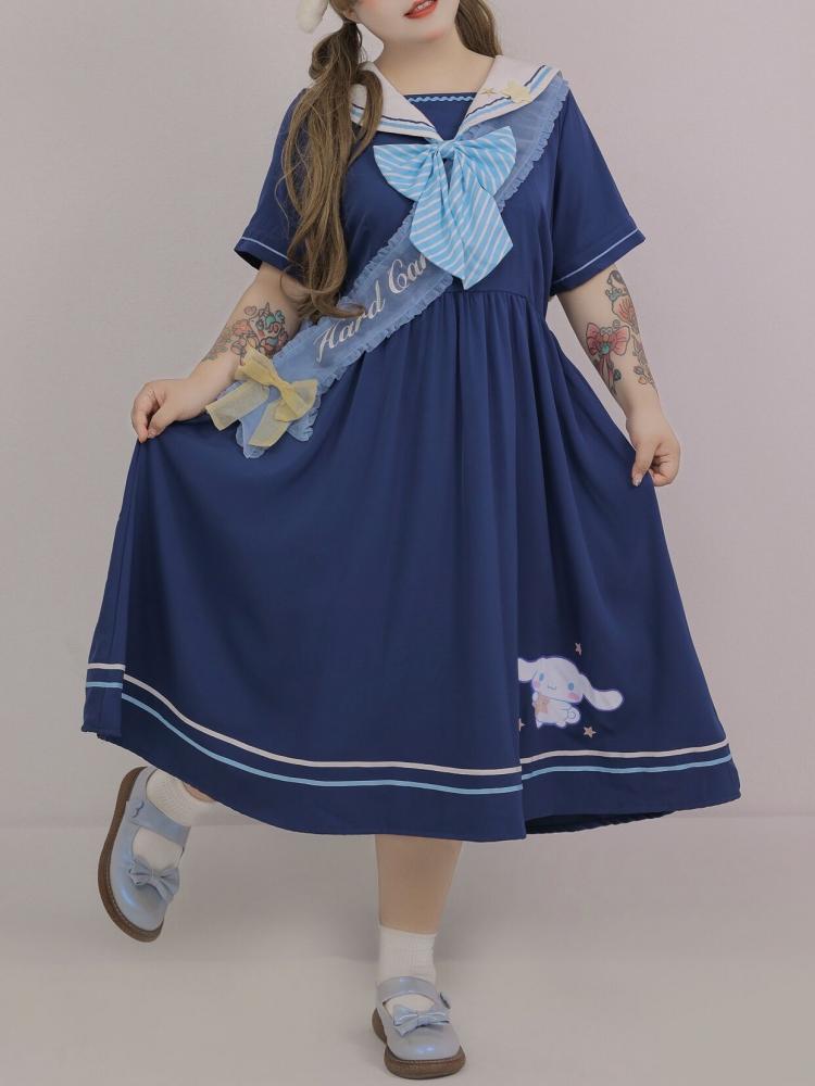 Cinnamoroll-Dark Blue Plus Size Sanrio Authorized Sailor Collar Short Sleeves Dress