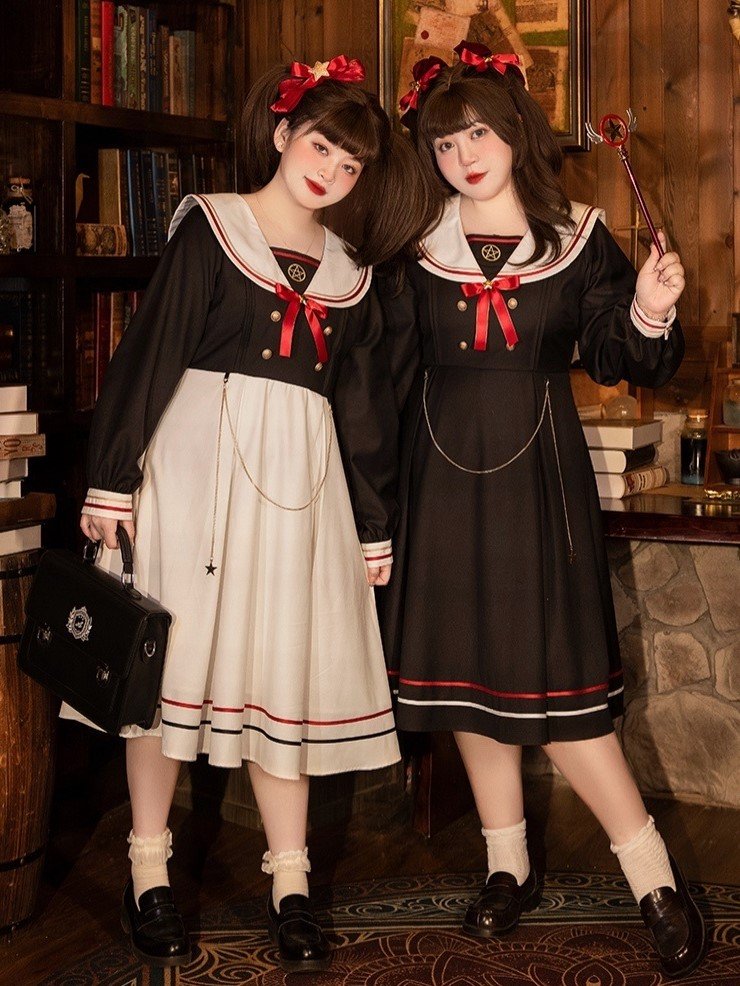 Black Plus Size Magic Sakura Sailor Collar Pleated Skirt Dress