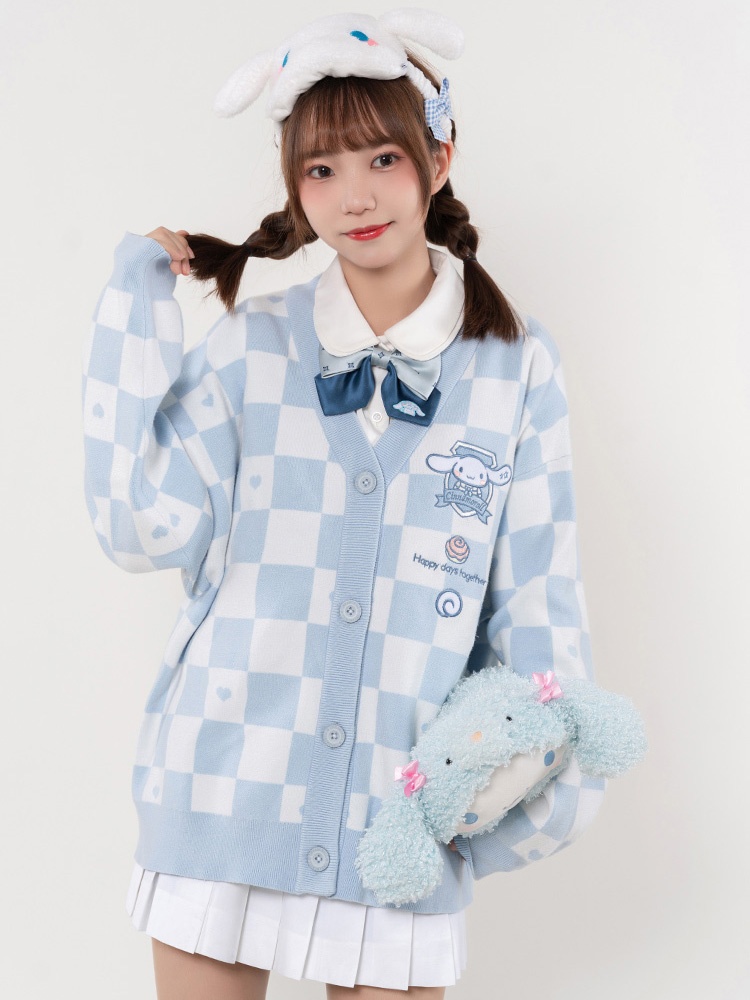 Kawaii Sanrio Y2k Knitted Women Cardigan Sweater Cute Cartoon Cinnamoroll  Kuromi My Melody Embroidery Japanese Jk Uniform Coat 