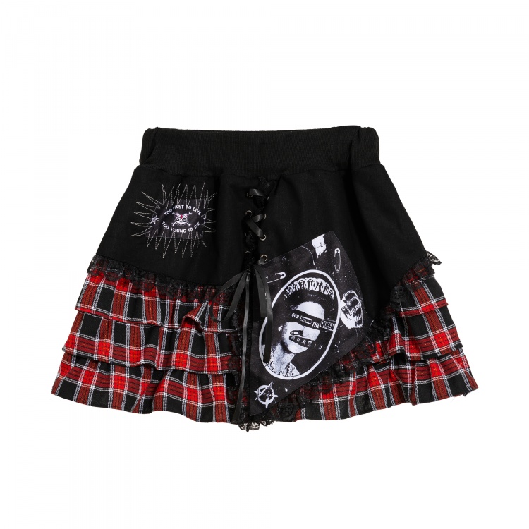 Punk 4 Colors Lace-up Plaid Tiered Skirt
