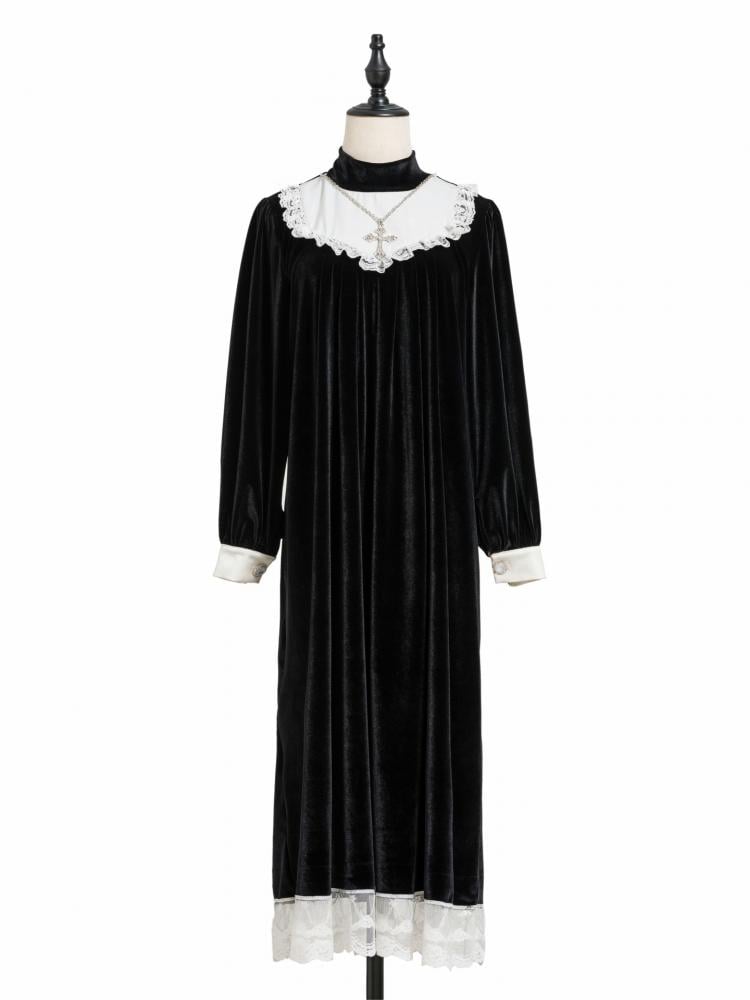 Choir Girl Gothic Stand Collar Long Sleeves Velvet Cross Pendant Decortive Long Dress