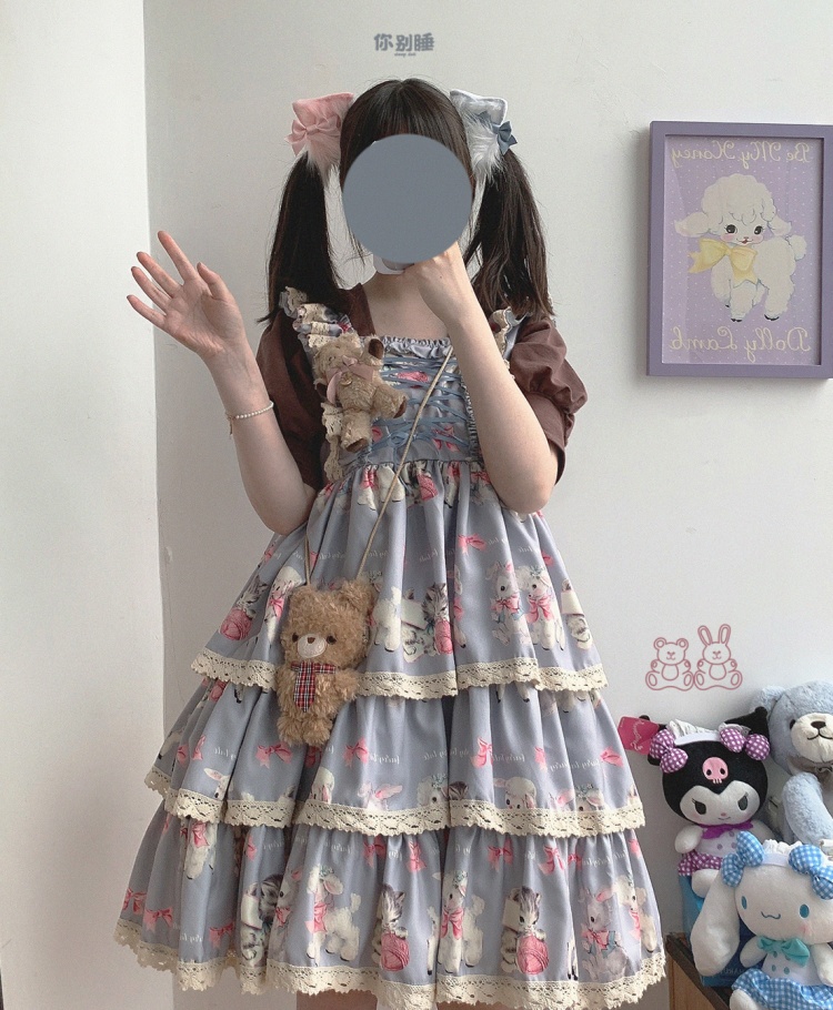 Showa Sweetheart Milk Blue Square Neckline Lace-up Print Lolita Dress JSK