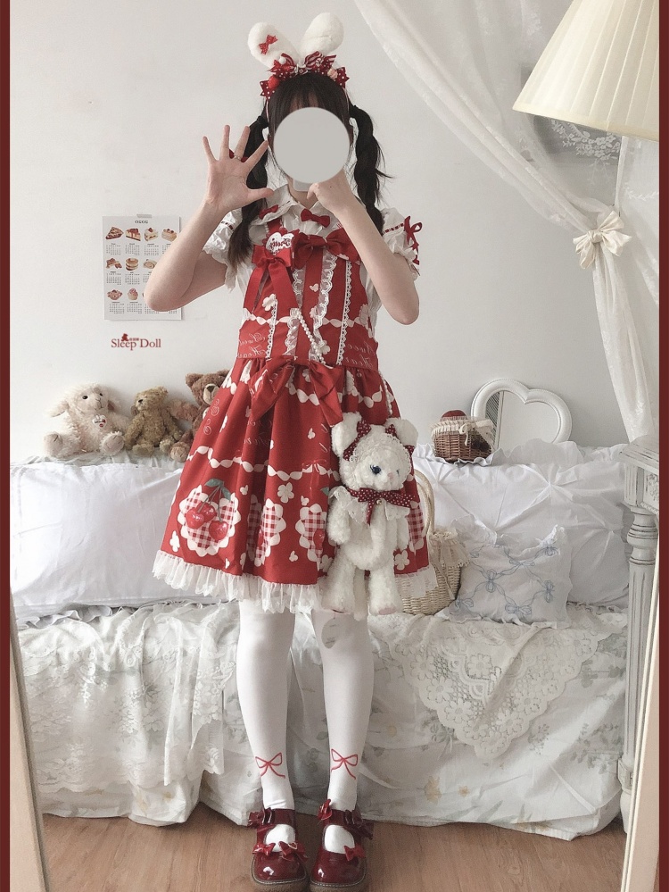 [$27.70]Cherry Butter Heart Square Neckline Bowknot Lace Trim Print Jumper  Skirt