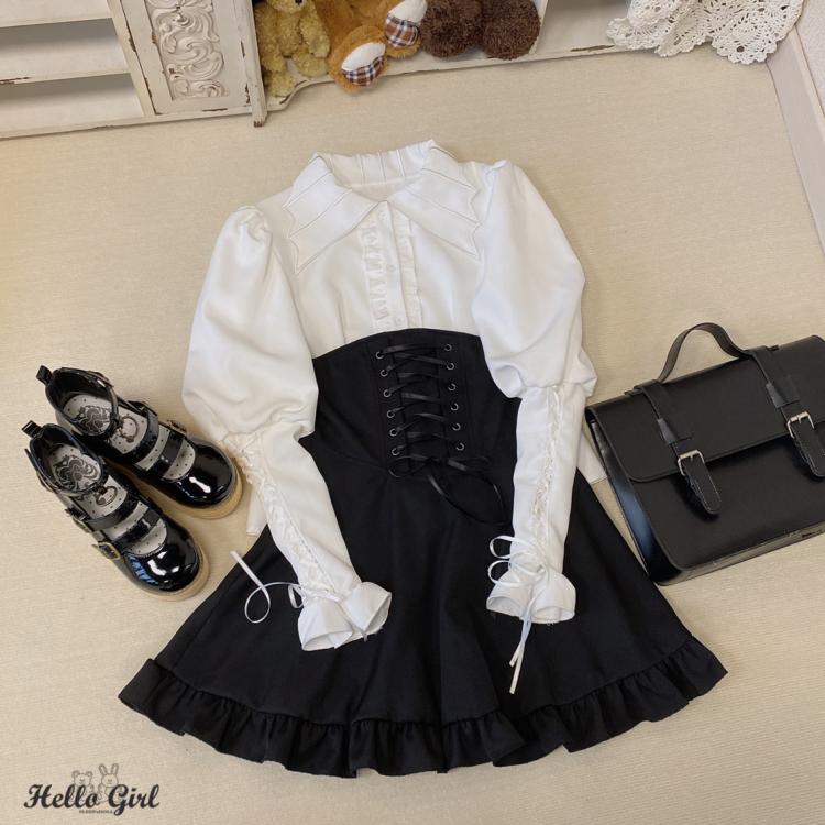 Black / White High Waist Lace-up Front Skirt