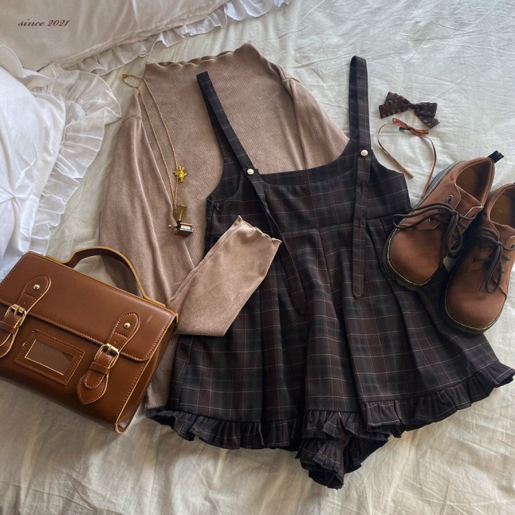 [$24.30]Tiramisu Square Neckline Vintage Plaid Lolita Overall Shorts