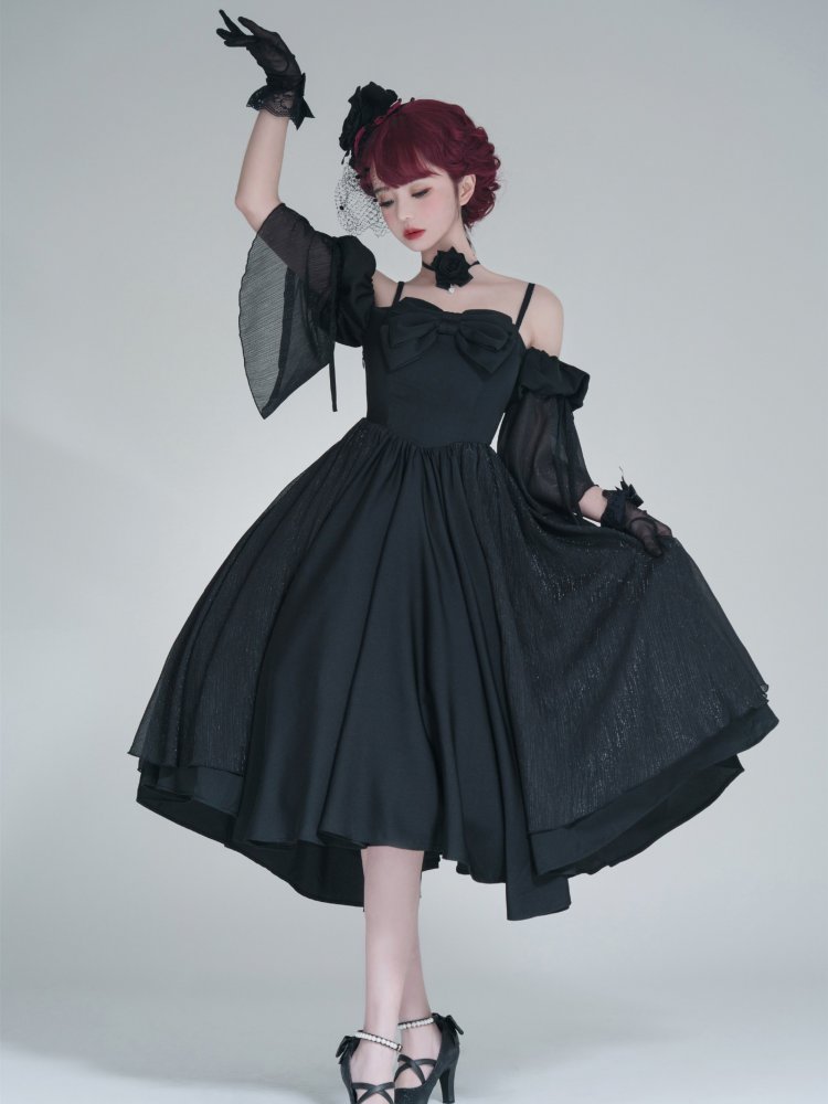 Morning Dew Black Off-the-shoulder Neckline Short Sleeves Elegant Lolita Dress OP