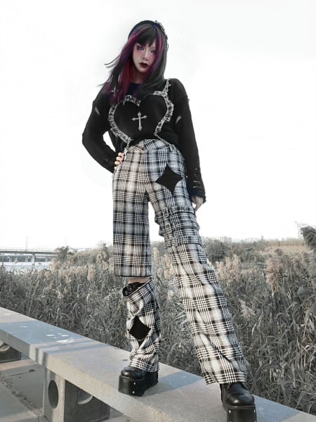 [$65.20]Punk Black and White Grid Hollow Trousers