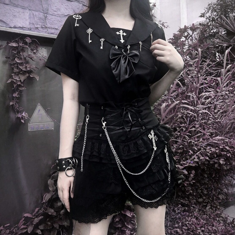 Gothic Metal Accessories Short Sleeves JK Uniform Top and Skirt Set